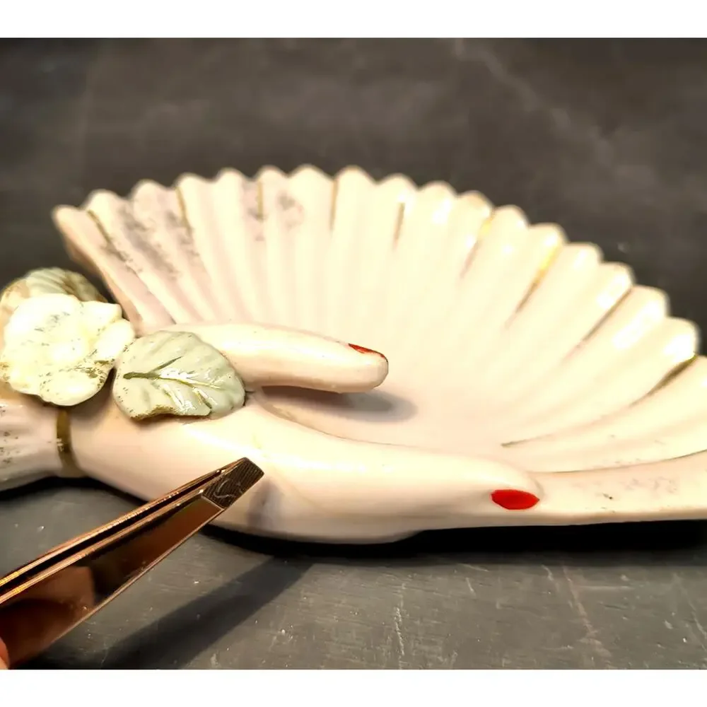 1961.  Vintage Pink Porcelain MCM Hand and Fan Jewelry Trinket Tray Decor